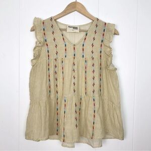Savanna Jane Tiered Top Size Medium Ruffle Sleeveless Embroidered Striped Cotton